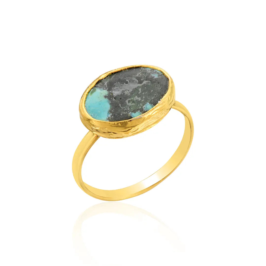 Gold-Plated Oval Shape Tibet Turquoise Stone Ring