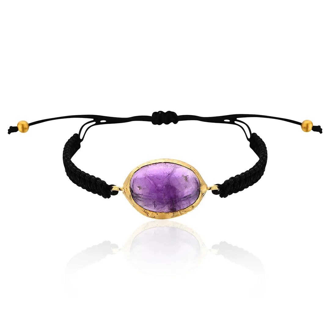 Gold-Plated Oval Shape Amethyst Stone Macrame Bracelet