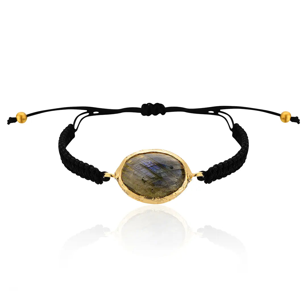 Gold-Plated Oval Shape Labradorite Stone Macrame Bracelet