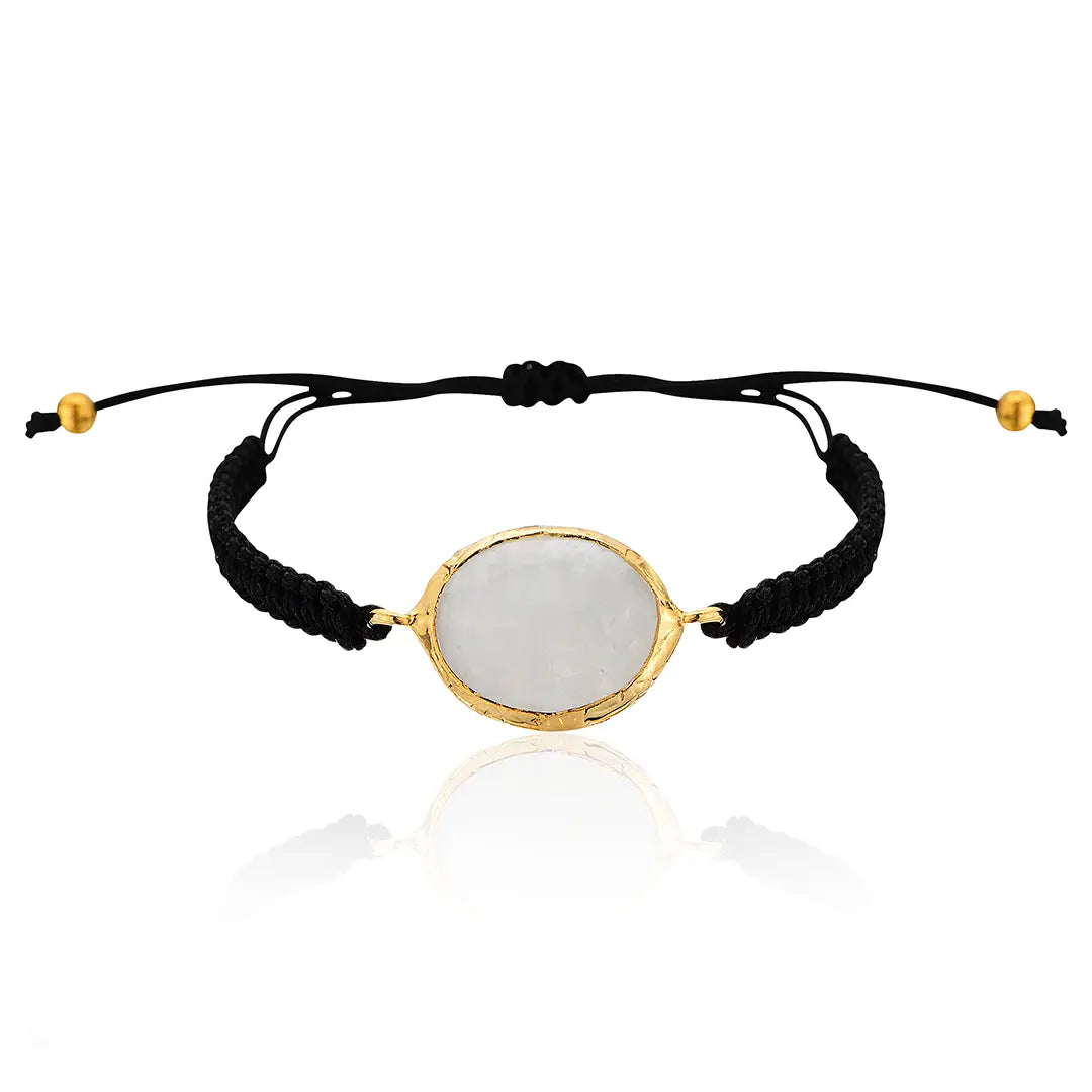 Gold-Plated Oval Shape Moonstone Macrame Bracelet