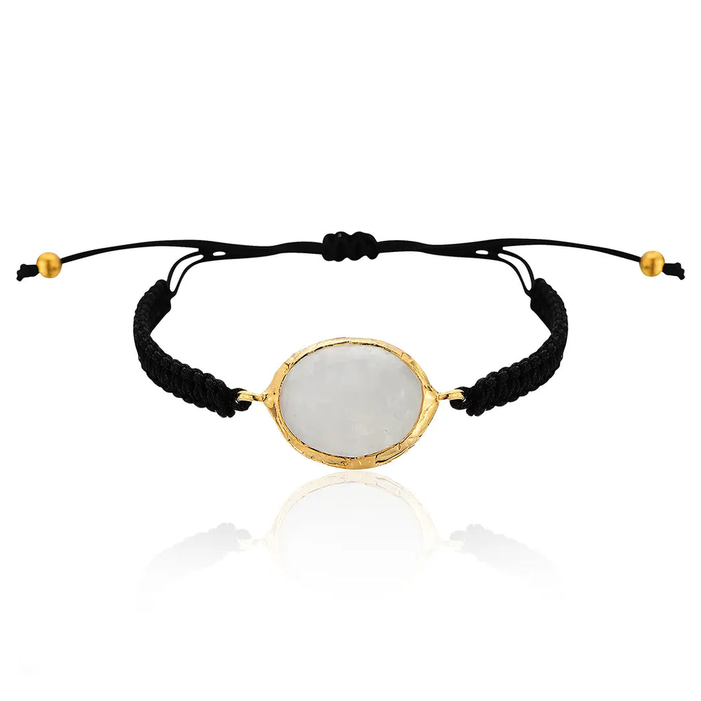 Gold-Plated Oval Shape Moonstone Macrame Bracelet