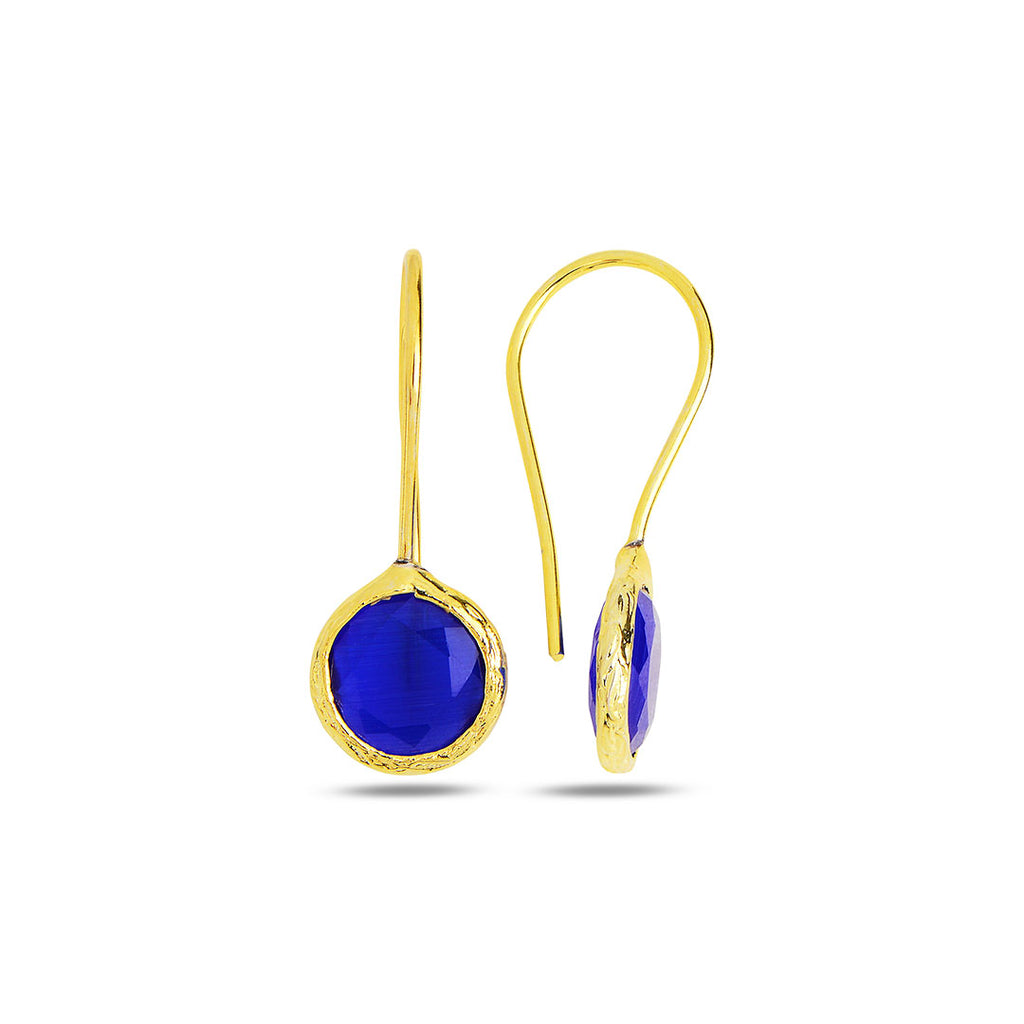 Circle Shape Dark Blue Cats-Eye-Earrings-22k-Gold-Plated-Brass