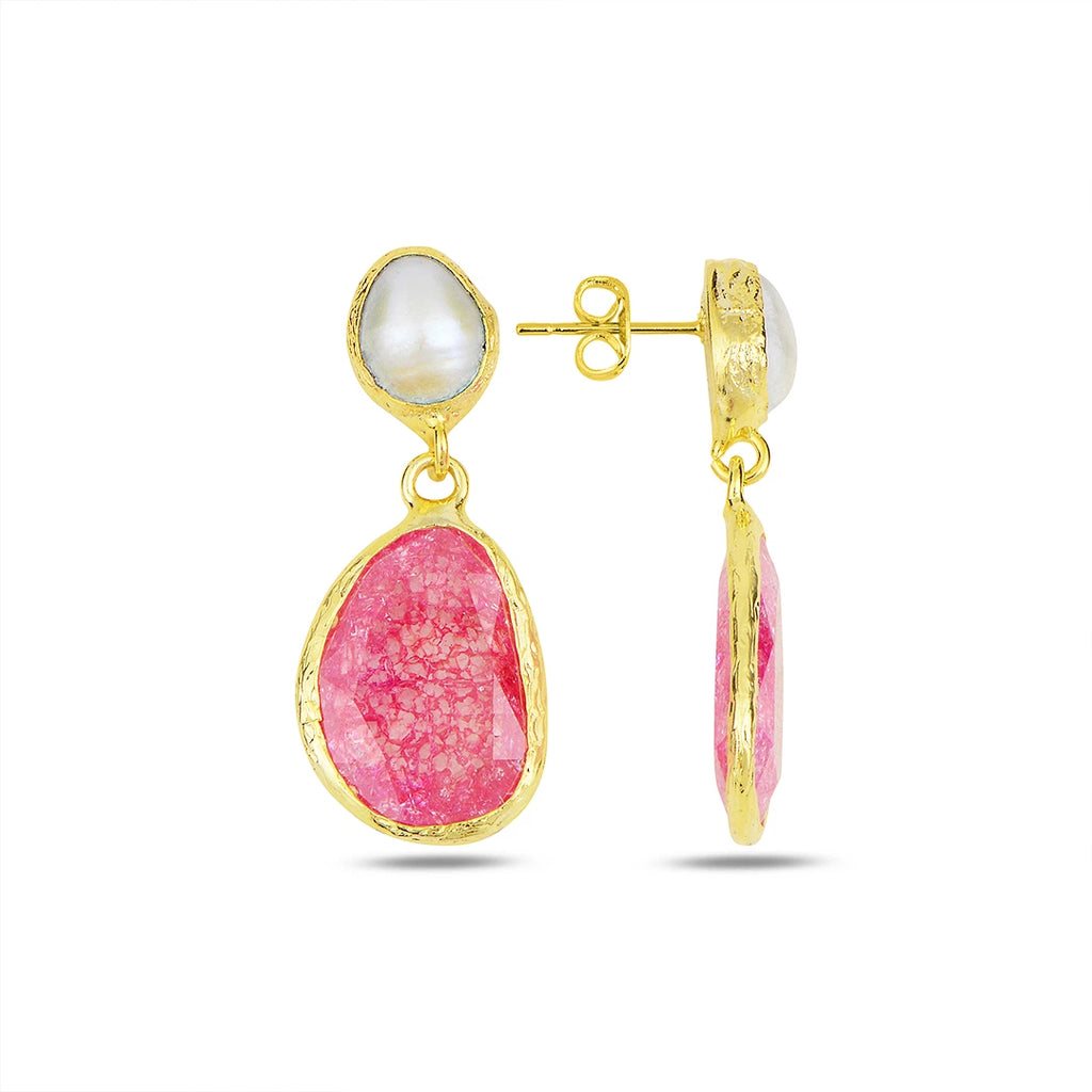 Double-Stone-Earrings with Fresh-Pearl-and-Wine-Red-Sparkling-Jade